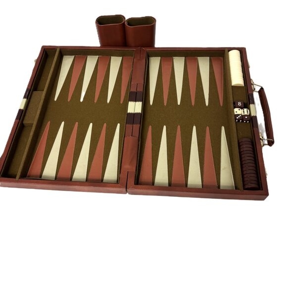 Backgammon Set Faux  Brown Cream Leather Case Complete - Picture 9 of 11